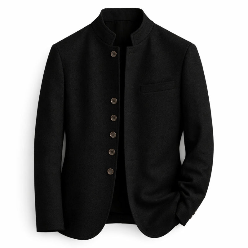 Men's plain stand-collar jacket with long sleeves, button front and chest pocket