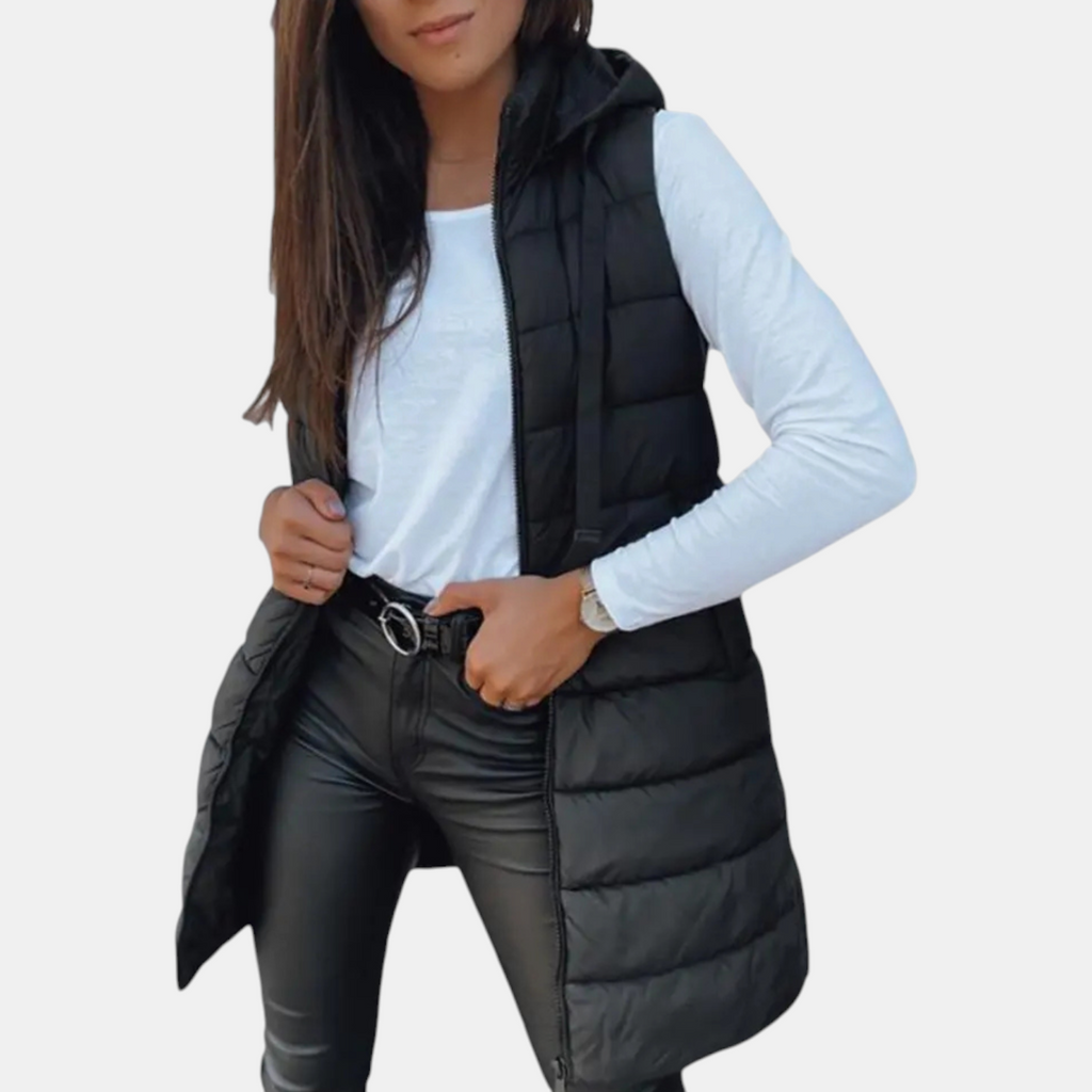 Women's longline hooded puffer gilet with horizontal quilting and zip front