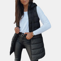 Women's longline hooded puffer gilet with horizontal quilting and zip front