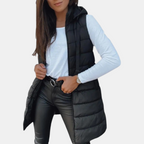Women's longline hooded puffer gilet with horizontal quilting and zip front