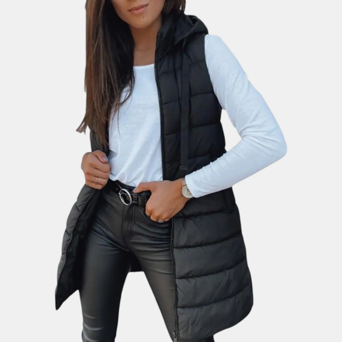 Women's longline hooded puffer gilet with horizontal quilting and zip front