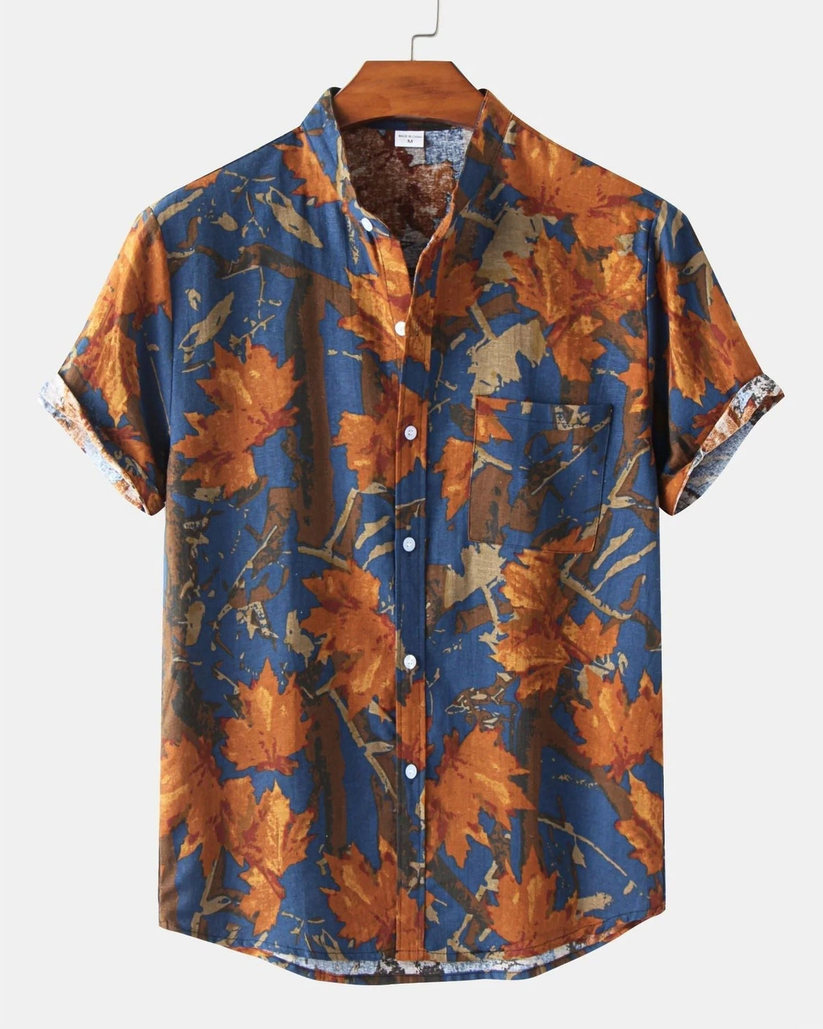 Men's short-sleeve patterned shirt with Mandarin collar, button front and chest pocket