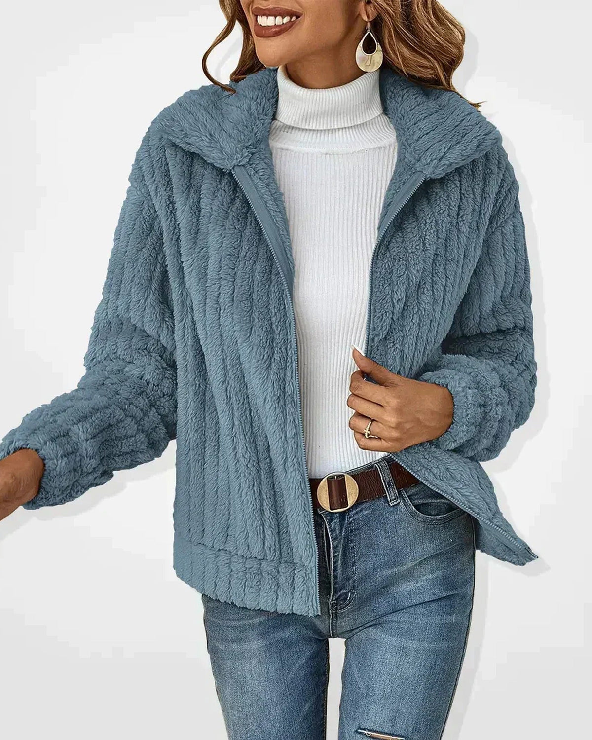 Women's hooded textured cardigan with long sleeves and zip front