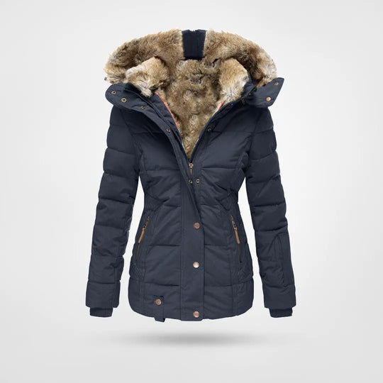 Women's quilted winter jacket with faux fur trimmed hood and zip pockets