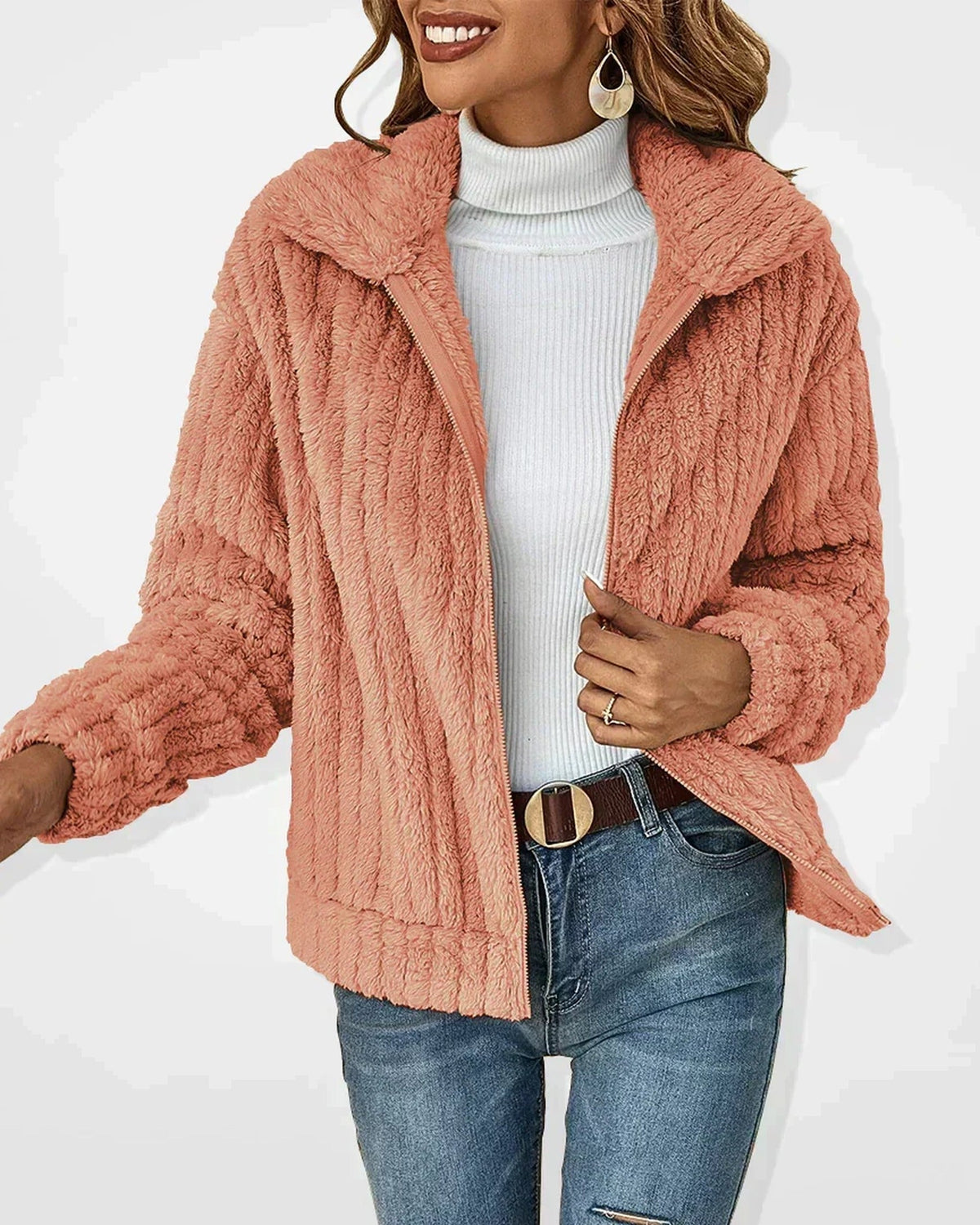 Women's hooded textured cardigan with long sleeves and zip front