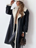 Women's long coat with wide lapels, contrasting trim and double-breasted buttons