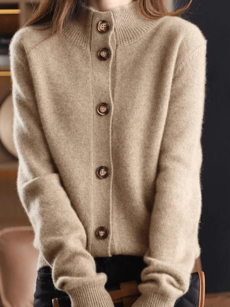 Women's button cardigan with ribbed trims and long sleeves