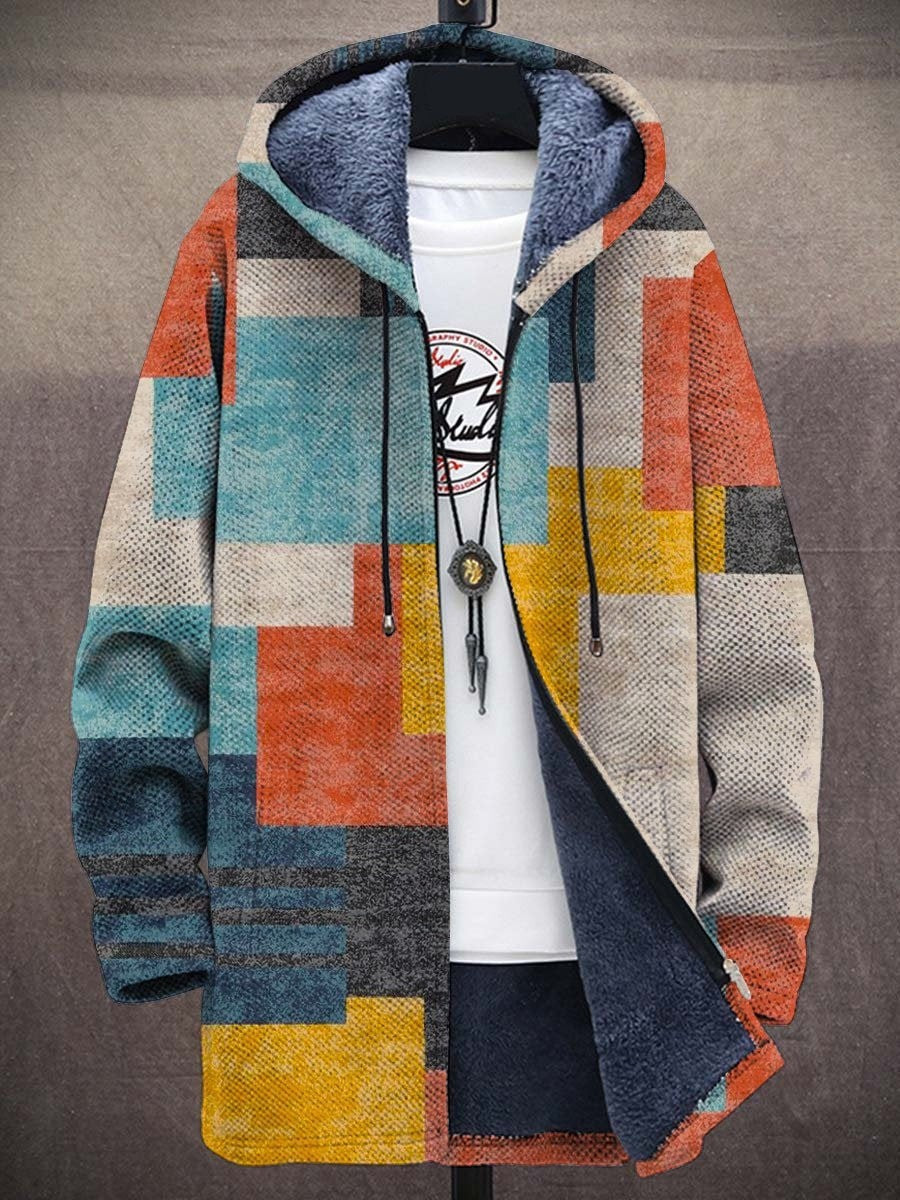 Unisex multicoloured geometric hooded cardigan with long sleeves and zip front