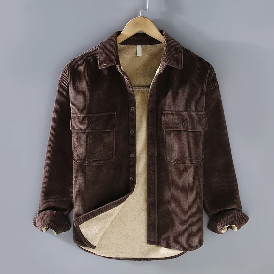 Men's corduroy shirt jacket with button front, chest pockets and contrasting lining
