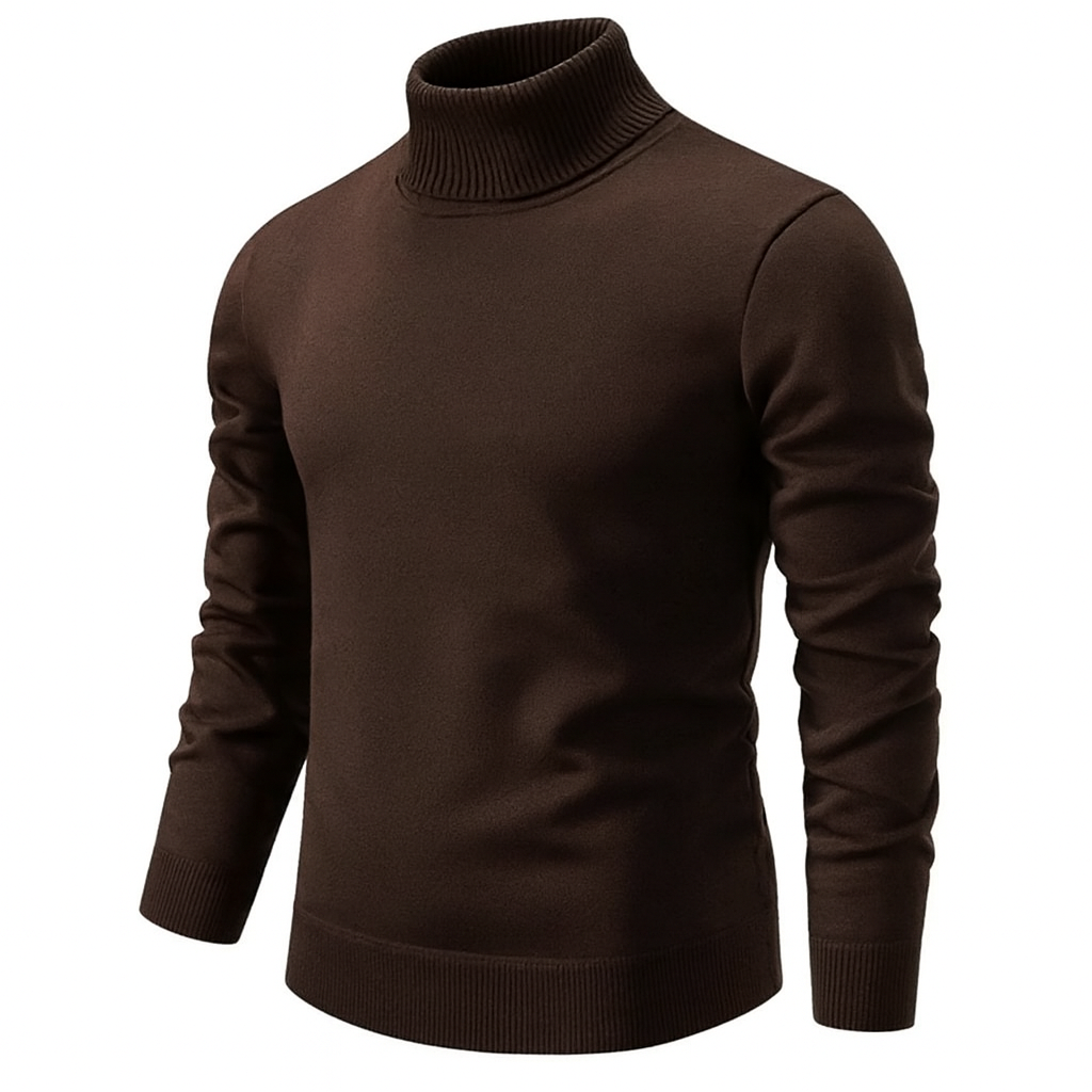 Men's plain turtleneck sweater with long sleeves and ribbed trims