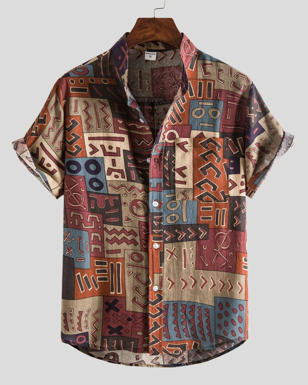 Men's short-sleeve patterned shirt with Mandarin collar, button front and chest pocket