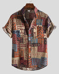 Men's short-sleeve patterned shirt with Mandarin collar, button front and chest pocket