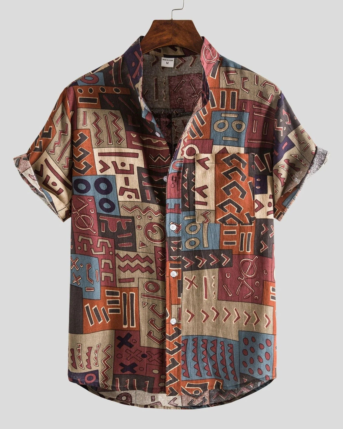 Men's short-sleeve patterned shirt with Mandarin collar, button front and chest pocket