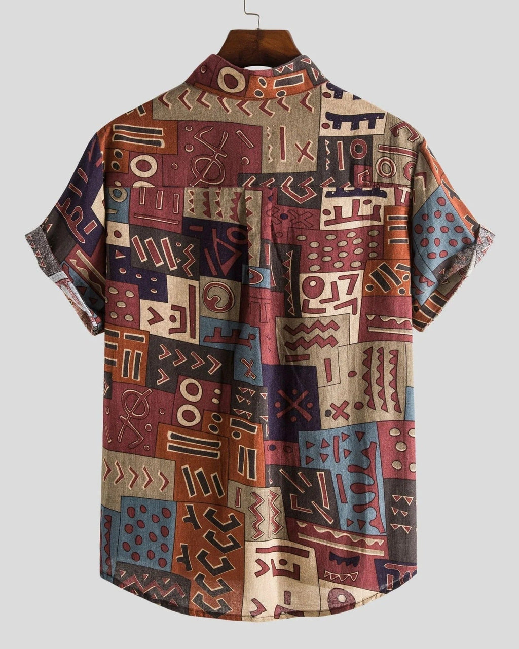 Men's short-sleeve patterned shirt with Mandarin collar, button front and chest pocket