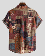 Men's short-sleeve patterned shirt with Mandarin collar, button front and chest pocket