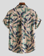 Men's short-sleeve patterned shirt with Mandarin collar, button front and chest pocket