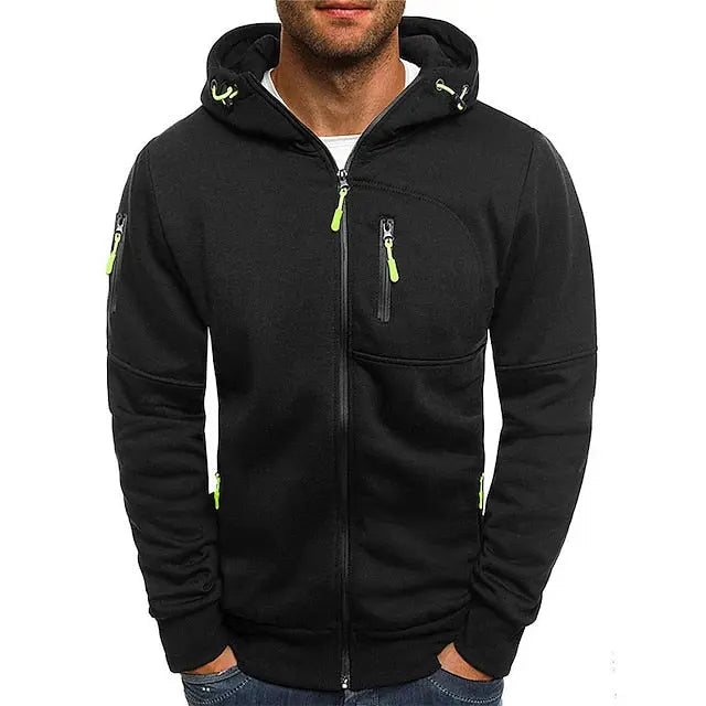Men's hooded full-zip hoodie with chest and side zip pockets