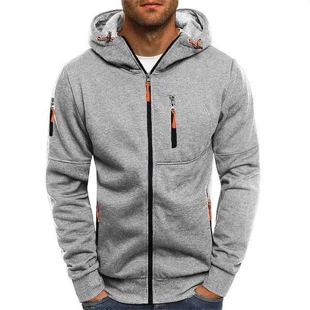 Men's hooded full-zip hoodie with chest and side zip pockets