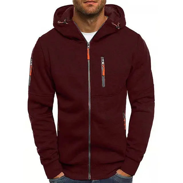 Men's hooded full-zip hoodie with chest and side zip pockets