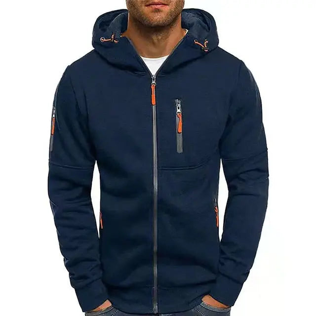 Men's hooded full-zip hoodie with chest and side zip pockets