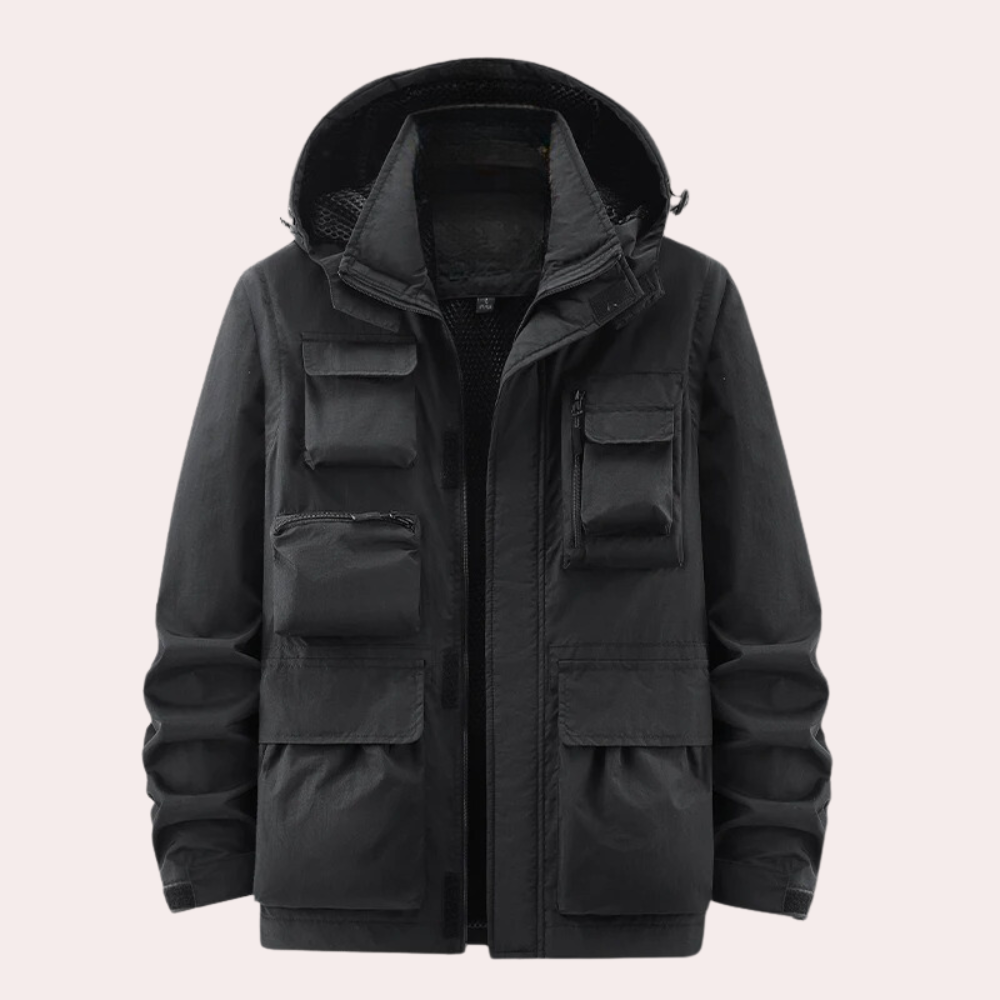 Men's hooded utility parka with multiple front pockets and full-zip fastening