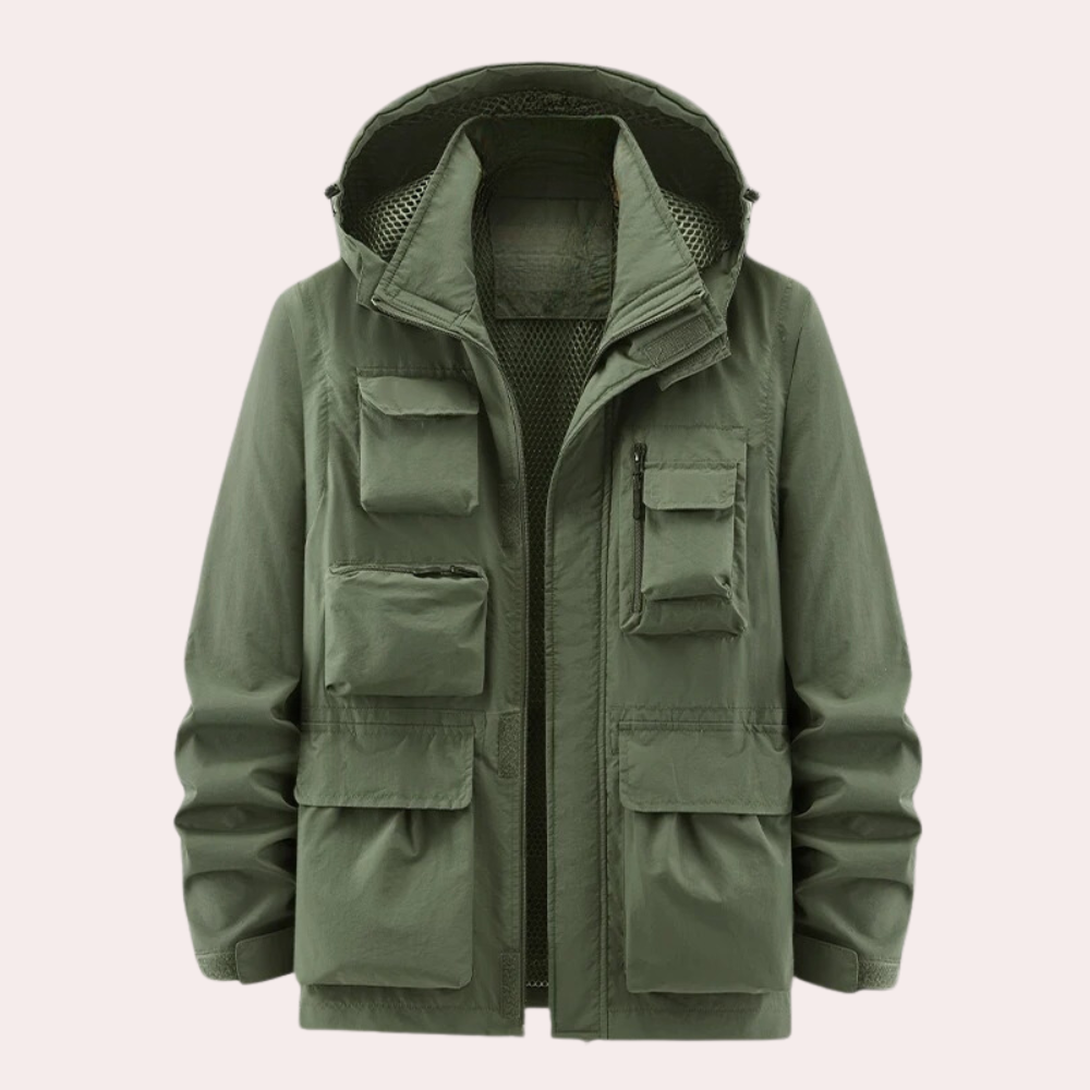 Men's hooded utility parka with multiple front pockets and full-zip fastening