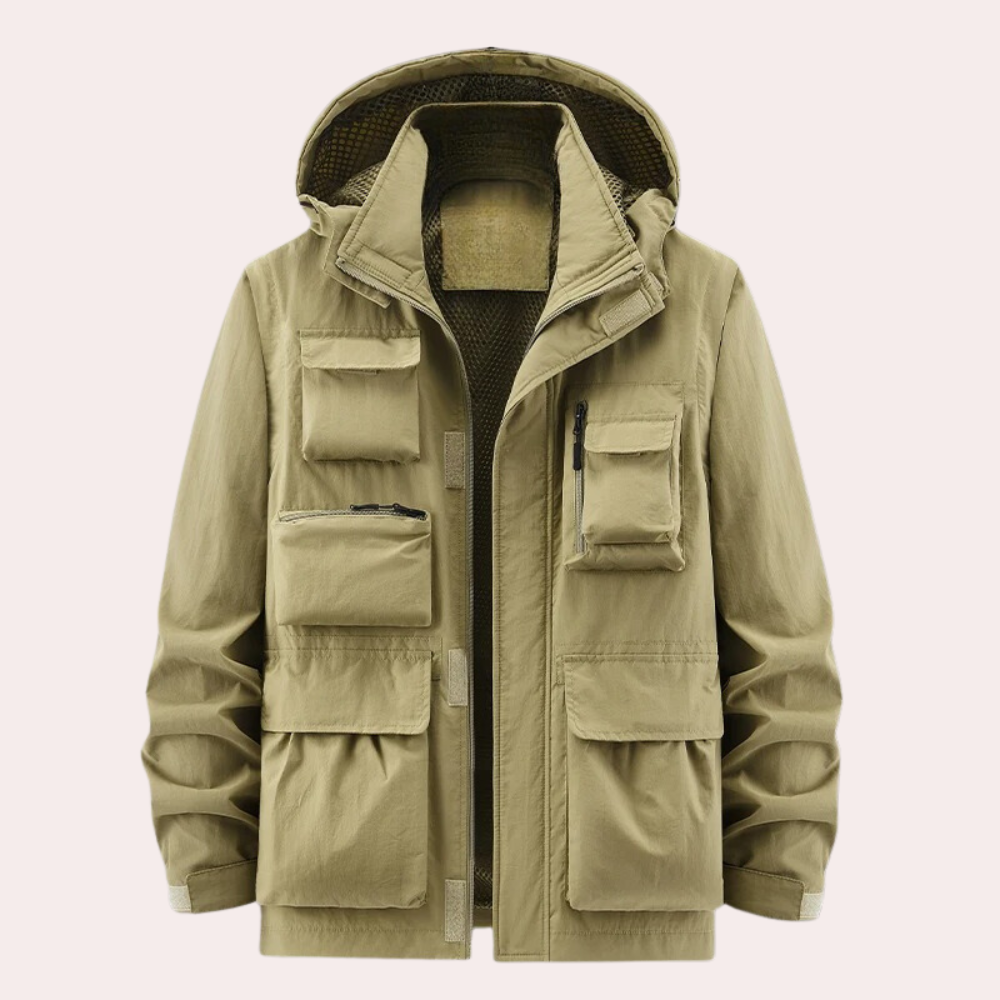 Men's hooded utility parka with multiple front pockets and full-zip fastening