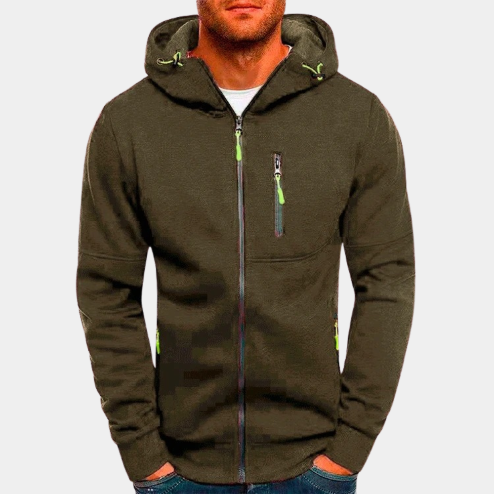 Men's long-sleeve hooded zip hoodie with zipped pockets and contrasting pulls