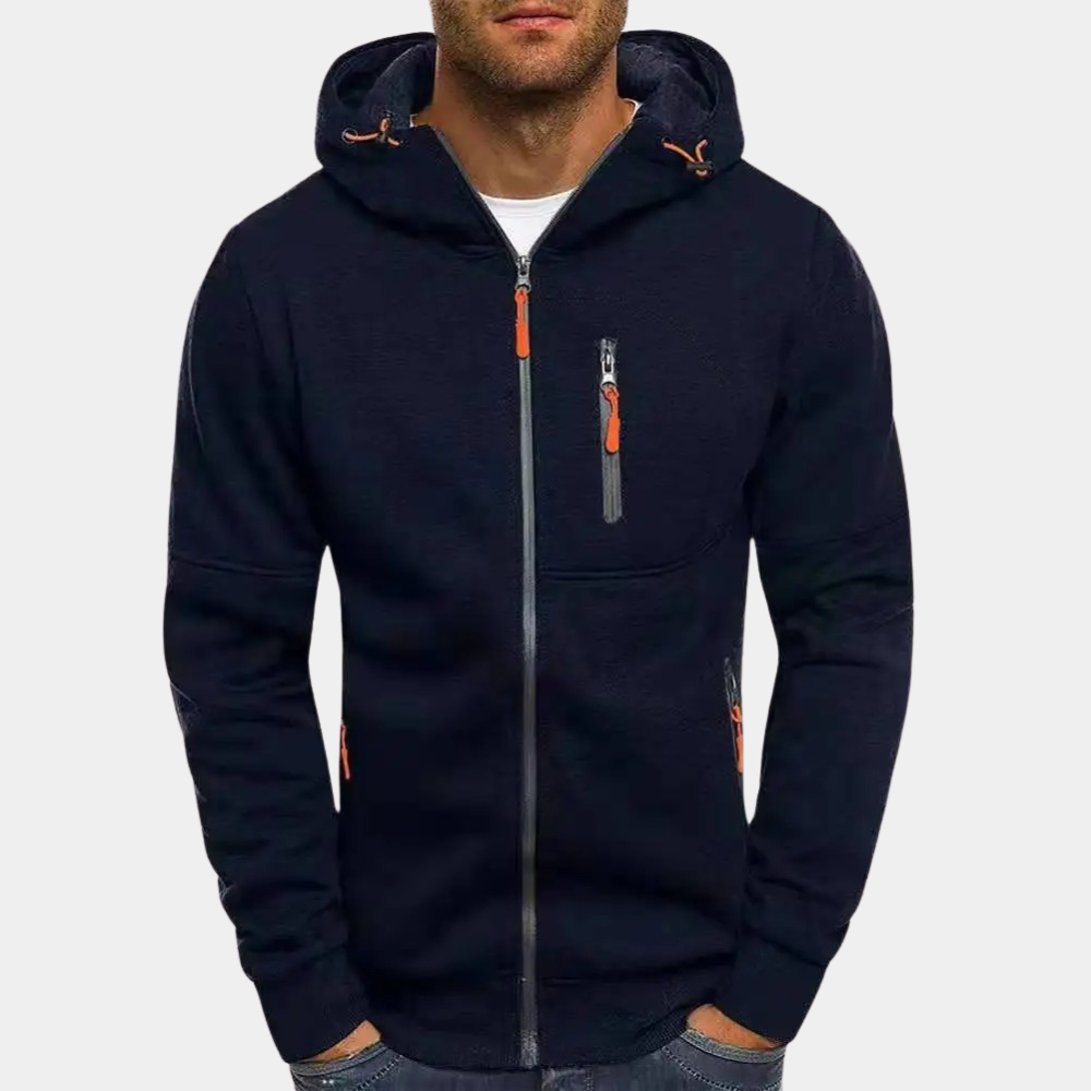 Men's long-sleeve hooded zip hoodie with zipped pockets and contrasting pulls
