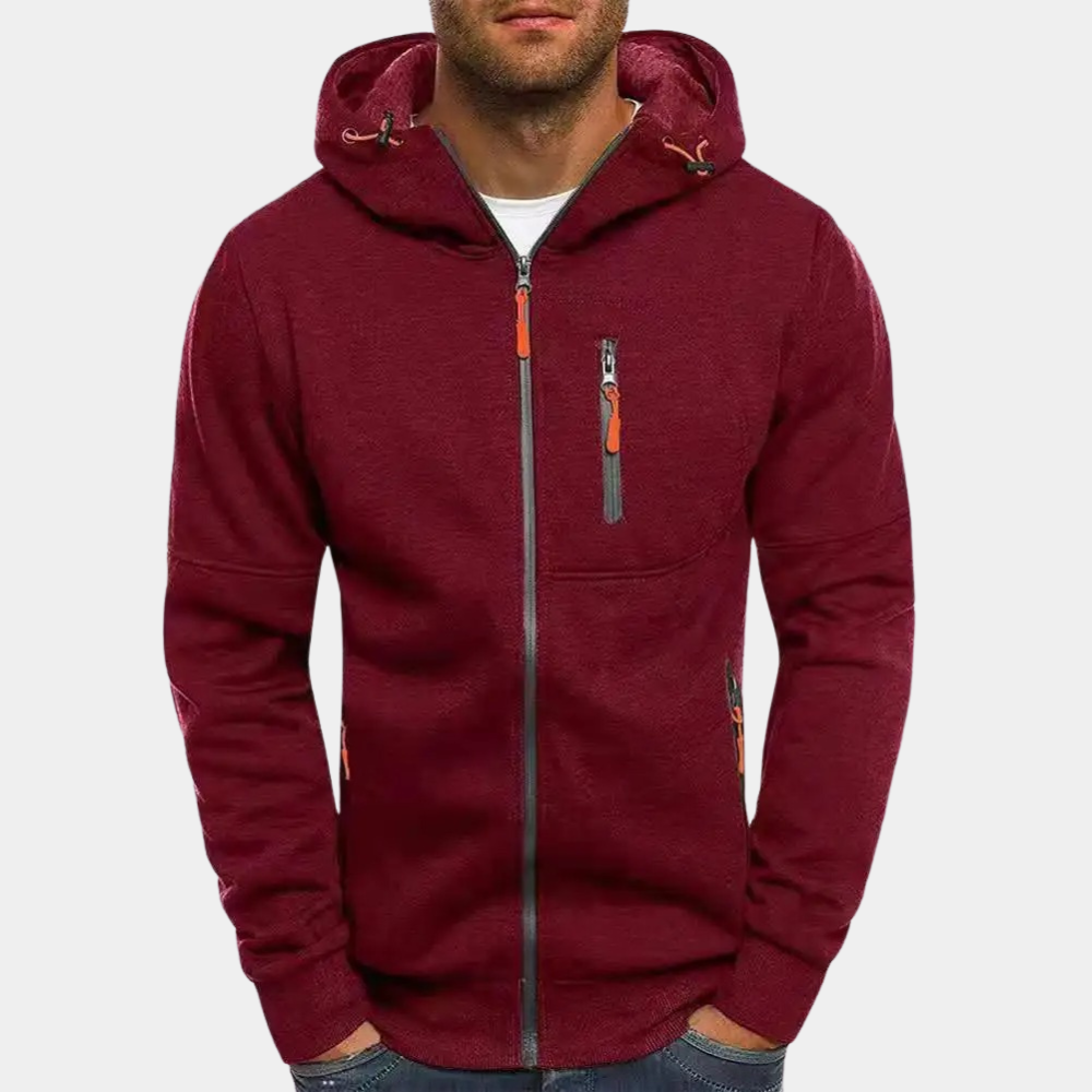 Men's long-sleeve hooded zip hoodie with zipped pockets and contrasting pulls