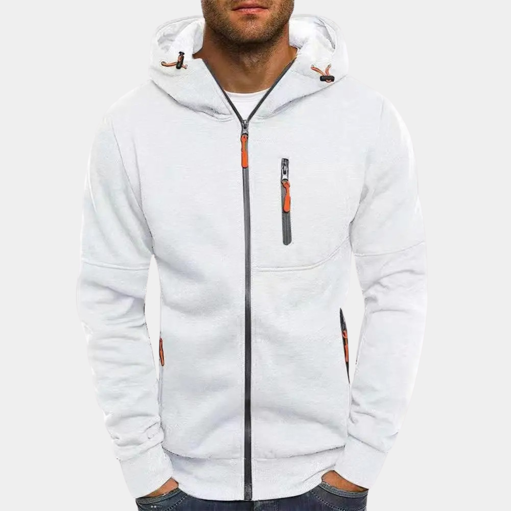 Men's long-sleeve hooded zip hoodie with zipped pockets and contrasting pulls