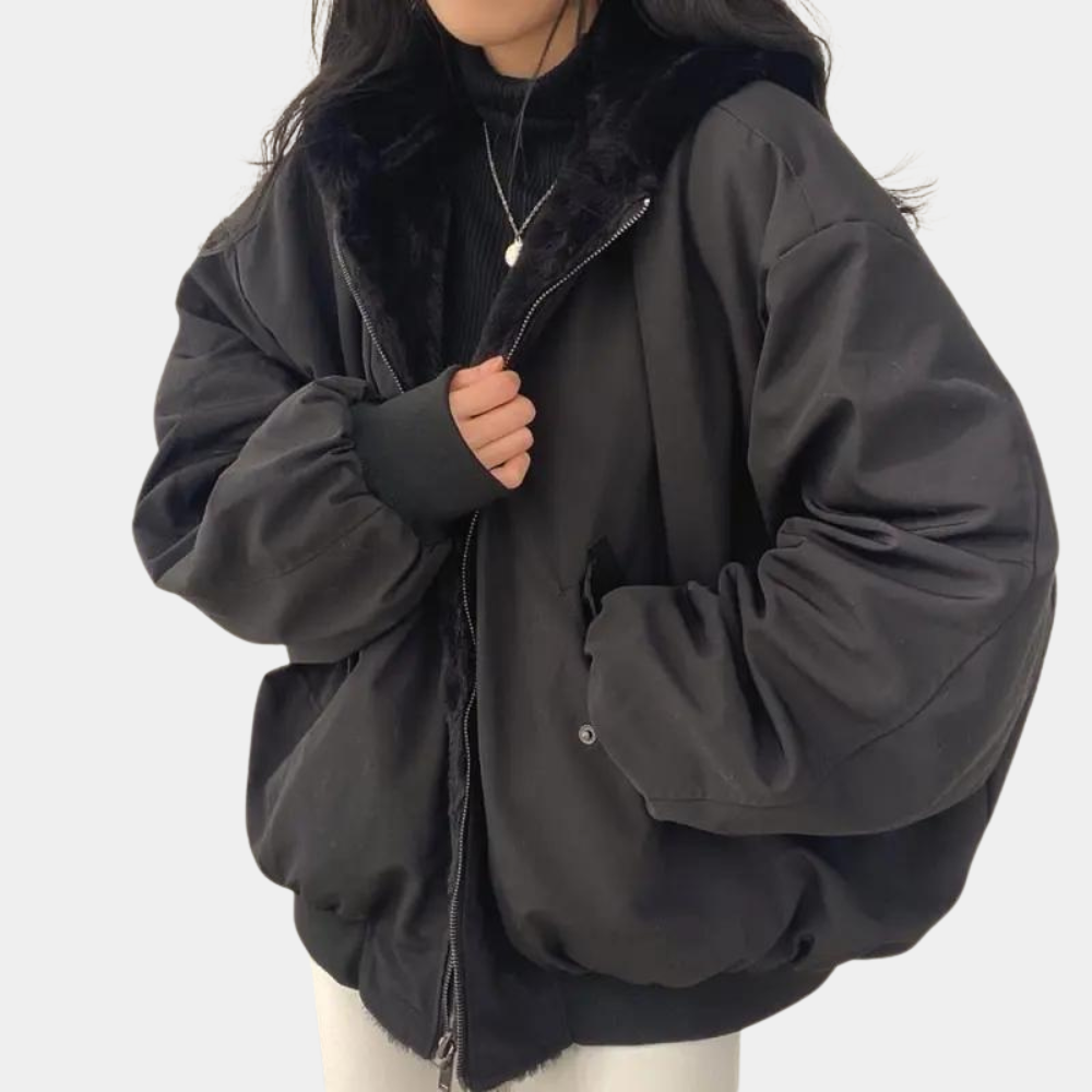 Women's plain bomber jacket with plush collar, long sleeves and front zip