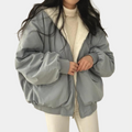 Women's plain bomber jacket with plush collar, long sleeves and front zip