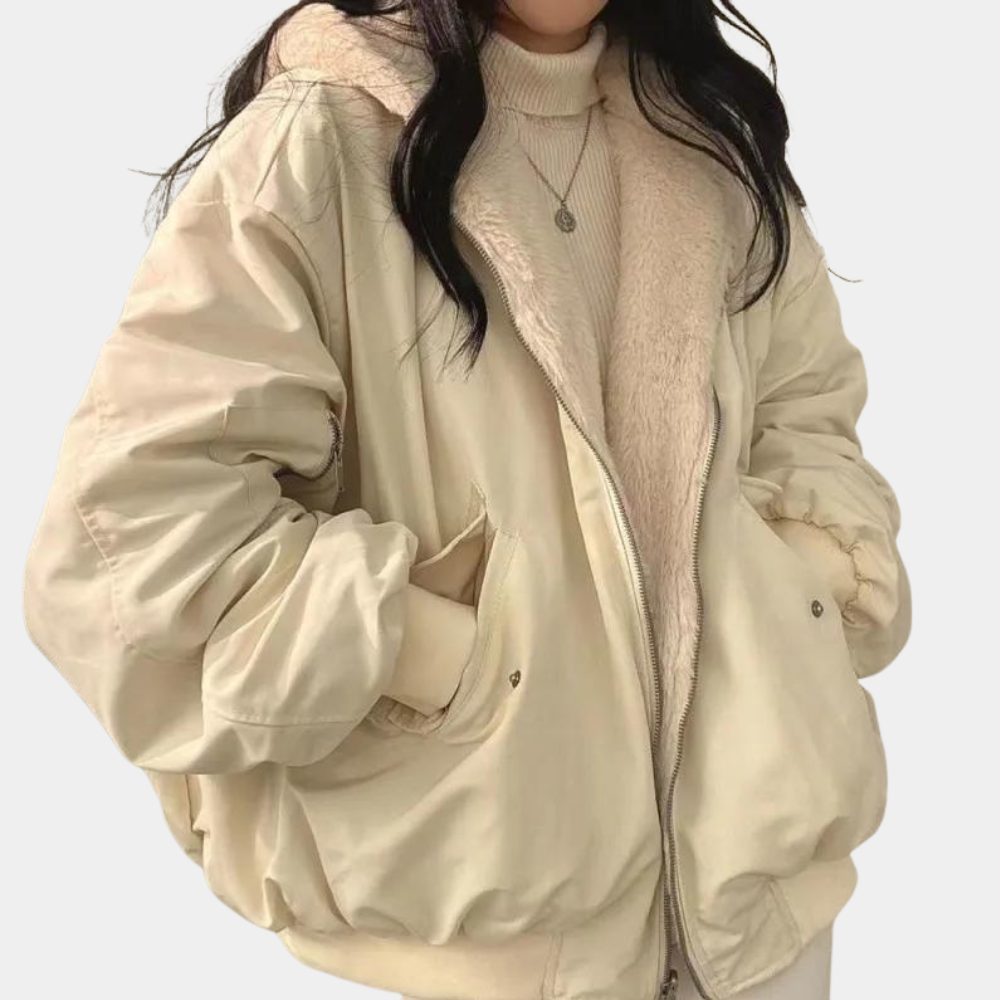 Women's plain bomber jacket with plush collar, long sleeves and front zip