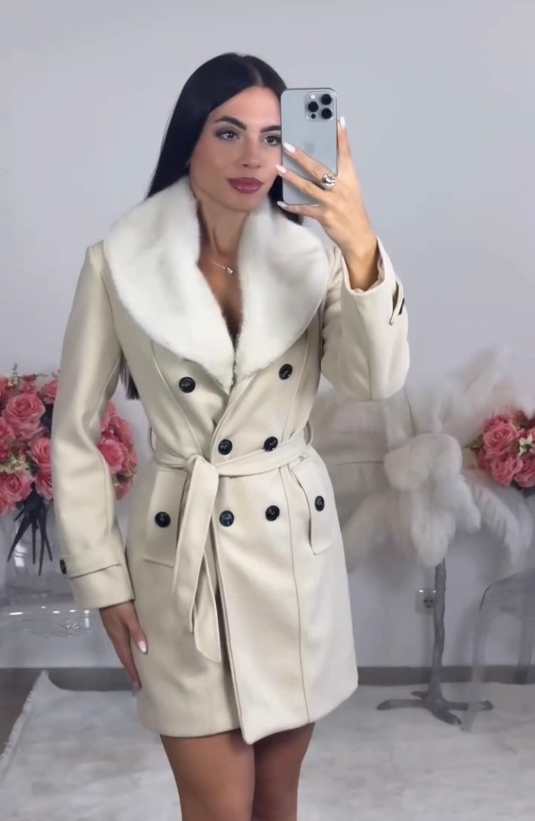Women's double-breasted belted short coat with notched lapels and flap pockets