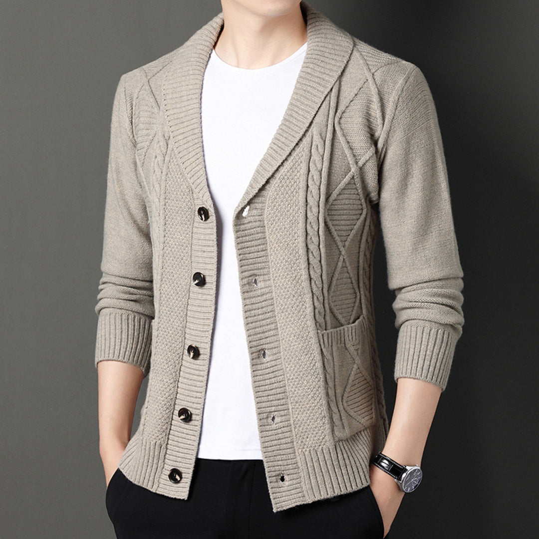 Men's textured shawl collar cardigan with button front, long sleeves and ribbed trims