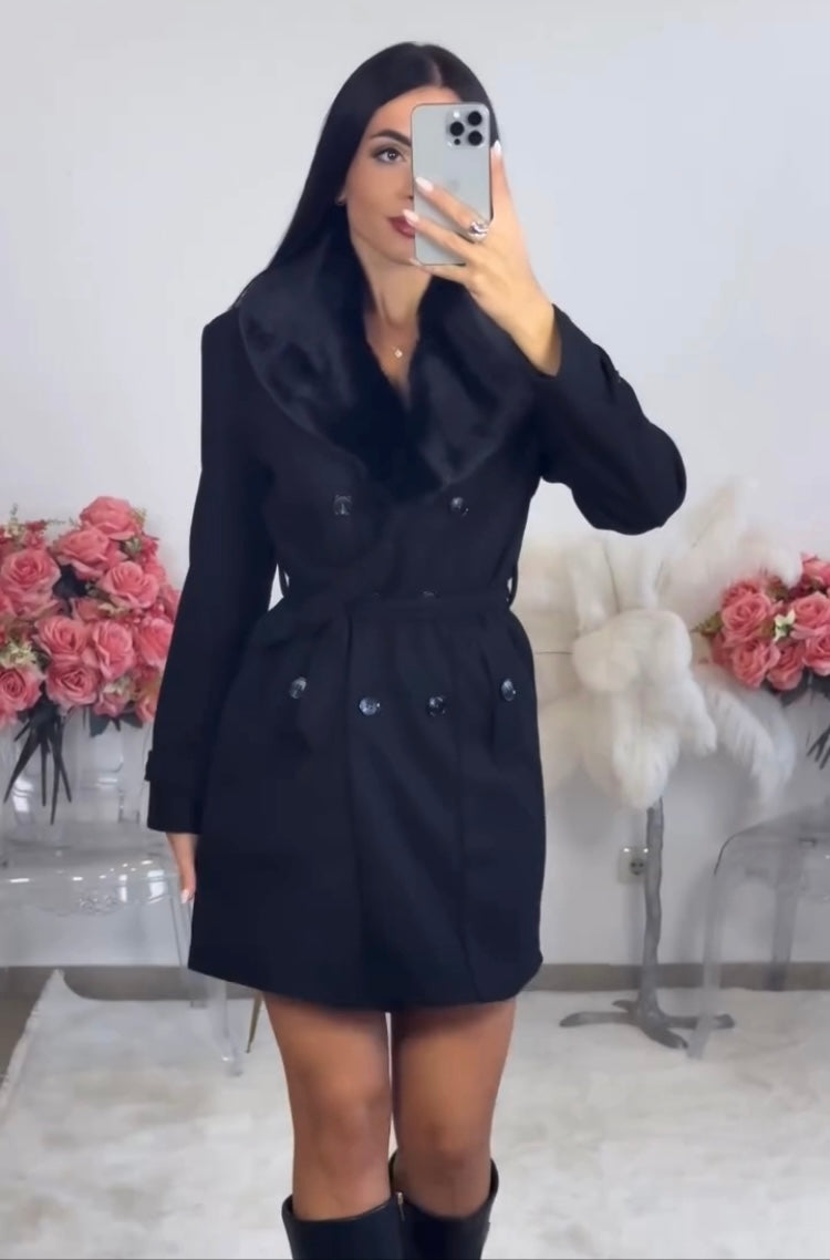 Women's double-breasted belted short coat with notched lapels and flap pockets