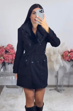 Women's double-breasted belted short coat with notched lapels and flap pockets