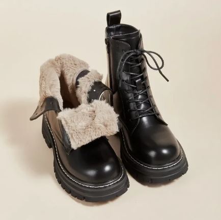 Women's lace-up ankle boots with plush fur trim and chunky lug soles