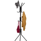 Black freestanding coat rack stand with multiple curved hooks and three-legged base