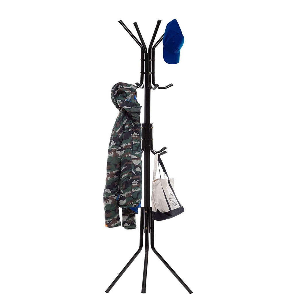 Black freestanding coat rack stand with multiple curved hooks and three-legged base