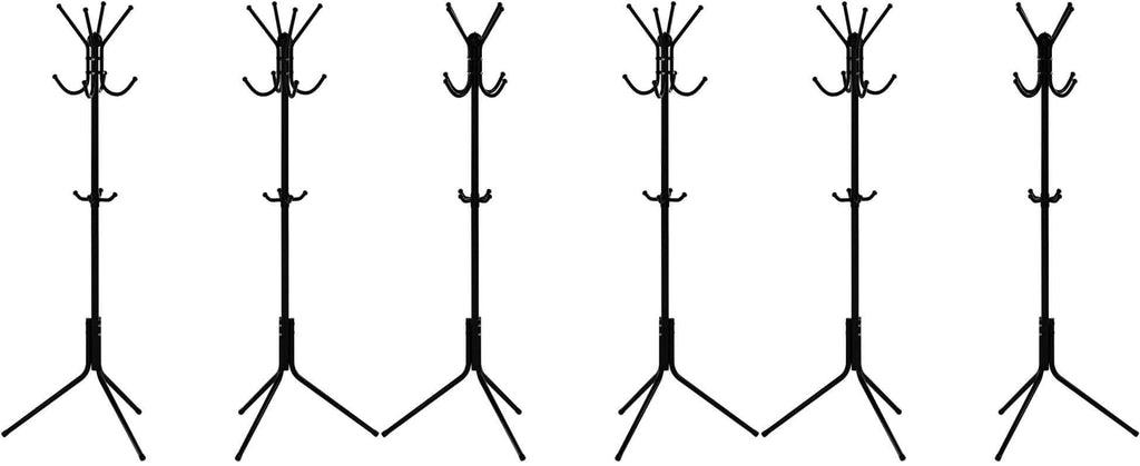 Black freestanding coat rack stand with multiple curved hooks and three-legged base