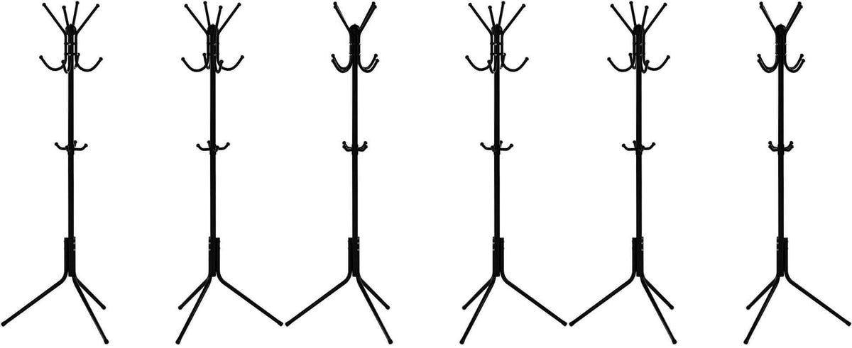 Black freestanding coat rack stand with multiple curved hooks and three-legged base