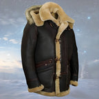 Men's brown hooded jacket with tan lining, buckle fastenings and front pockets