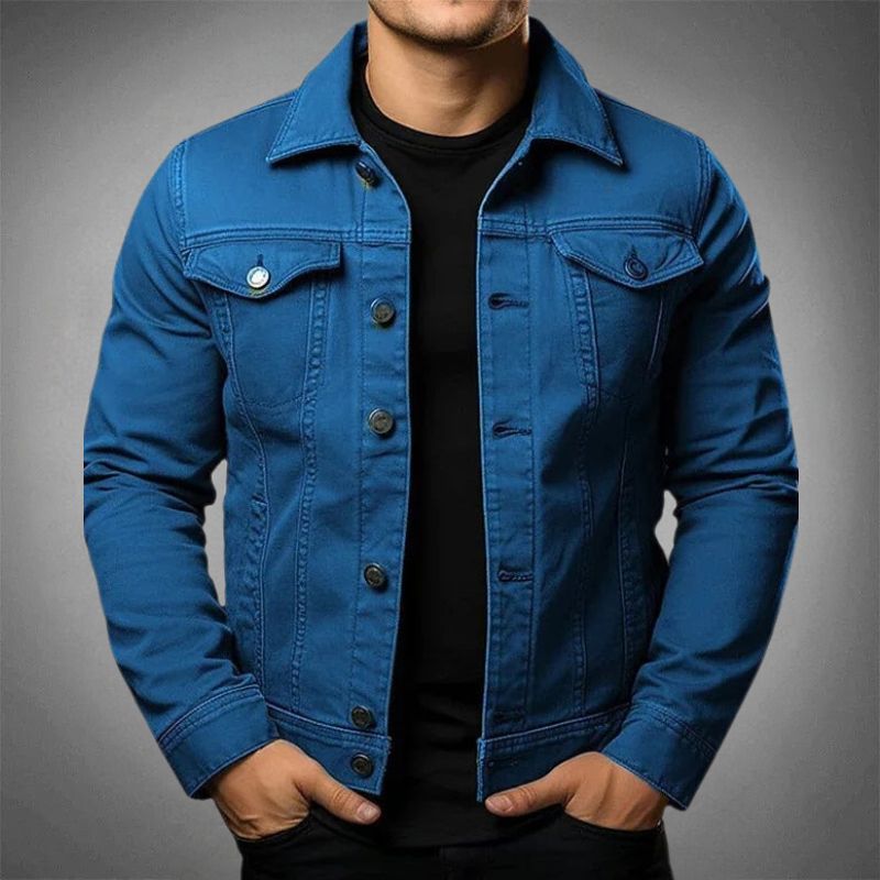 Men's long-sleeve denim jacket with pointed collar, button front and chest flap pockets
