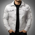 Men's long-sleeve denim jacket with pointed collar, button front and chest flap pockets