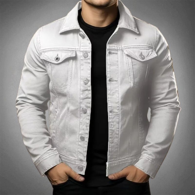 Men's long-sleeve denim jacket with pointed collar, button front and chest flap pockets