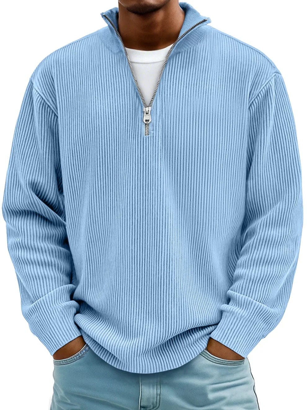 Men's ribbed quarter-zip jumper with a raised mock neck and long sleeves