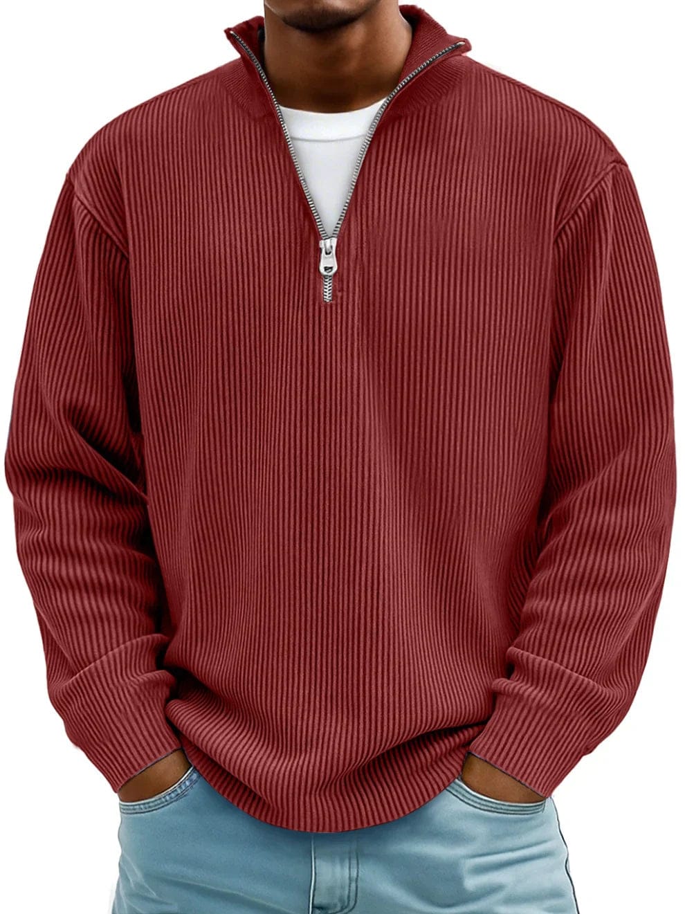 Men's ribbed quarter-zip jumper with a raised mock neck and long sleeves