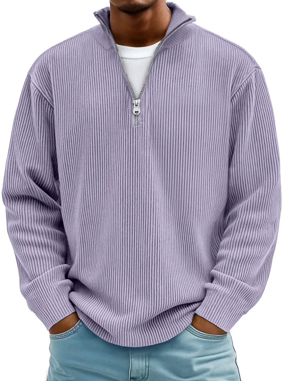 Men's ribbed quarter-zip jumper with a raised mock neck and long sleeves